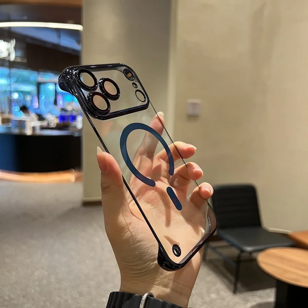 (azul, Iphone 14) Capa Ultrafina Sem Moldura Em Policarbonato Eletrogalvanizado, Compatível Com Carregamento Sem Fio Magsafe.