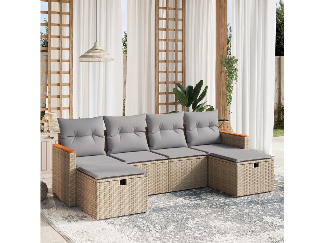 Vidaxl 6 Pcs Conj. Sofás Jardim C/ Almofadões Vime Pe Bege Misturado