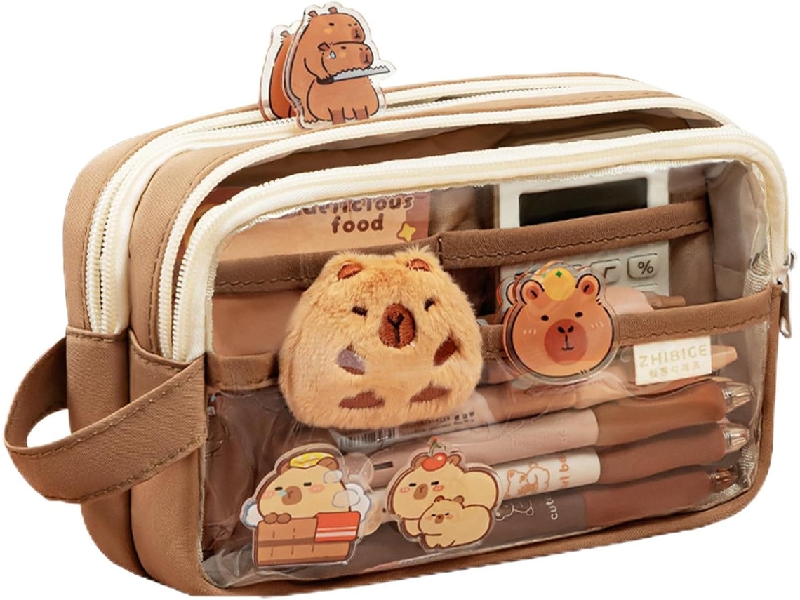 Estojo para Lápis de Cor, para Material Escolar, Estojo para Lápis Capivara - Estojo com Adesivos e Pins CHABERLU