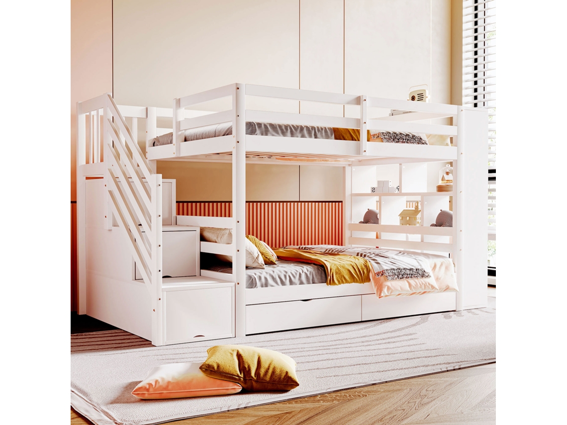 Cama 90x200 Cm Duas Camadas Com Escada Segura Gavetas E Armários Branca