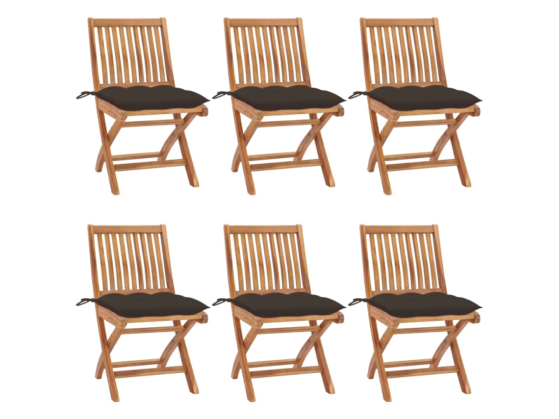 Vidaxl Cadeiras De Jardim Dobráveis C/ Almofadões 6 Pcs Teca Maciça