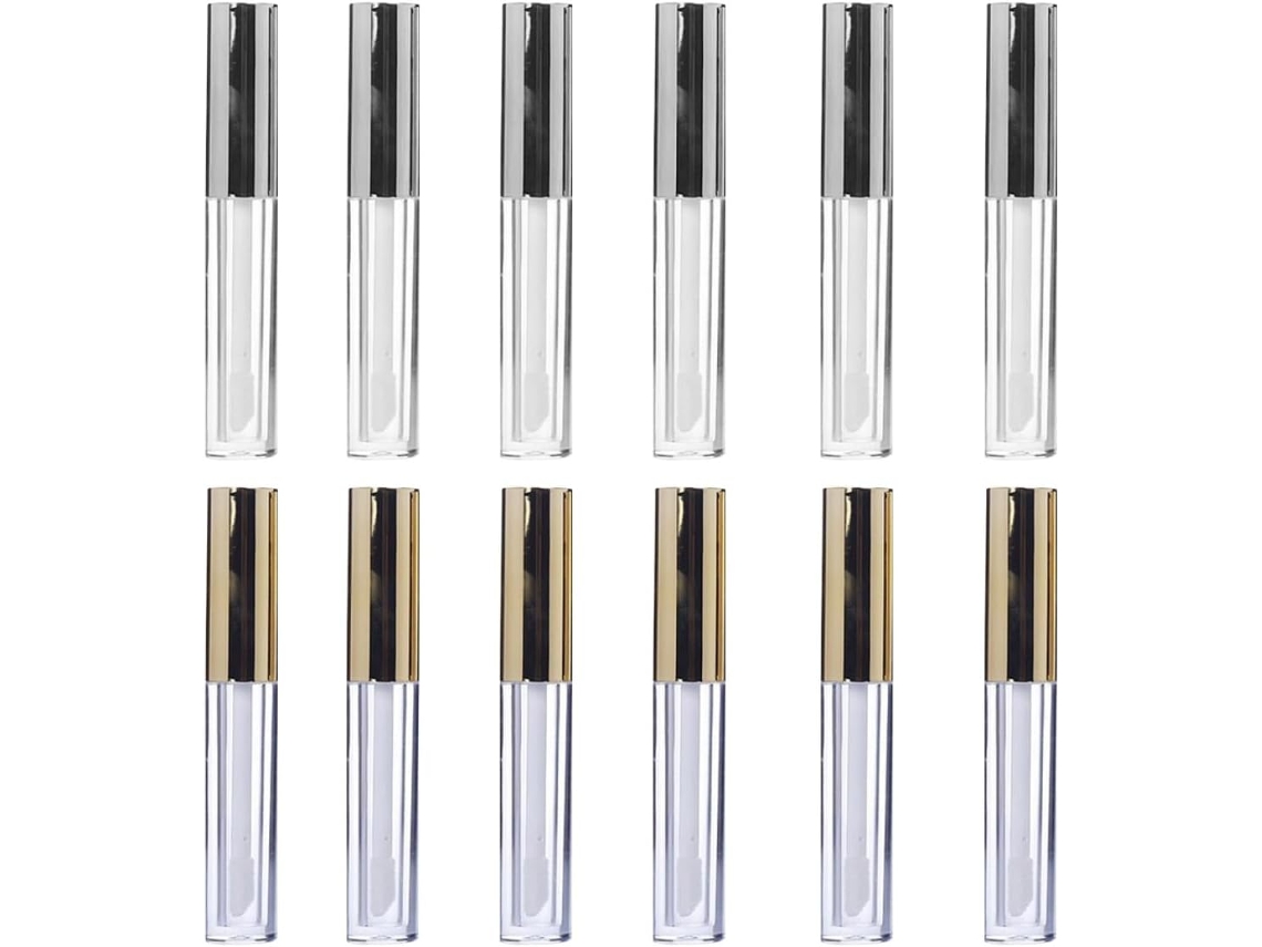 Conjunto De 12 Tubos Labiais Recarregáveis De 5ml Em Plástico Leve Com Tampas Prateadas E Douradas.