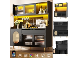 Móvel Estilo Campestre 145x39x171cm Cinco Portas, Faixa Led, Zona De Arrumação, Portas Envidraçadas Caneladas Castanho E Preto