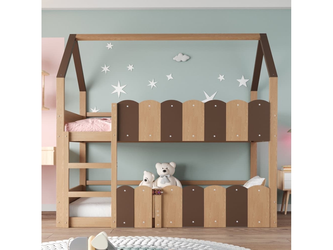 Litera Infantil 90x200 Cm - Diseño En Forma De Casa Con Barandillas Altas - Color Madera