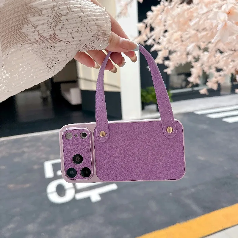 Capa De Couro Genuíno Para Iphone 17 Pro (roxa) Com Alça De Pulso, Resistente A Impactos E Portátil.