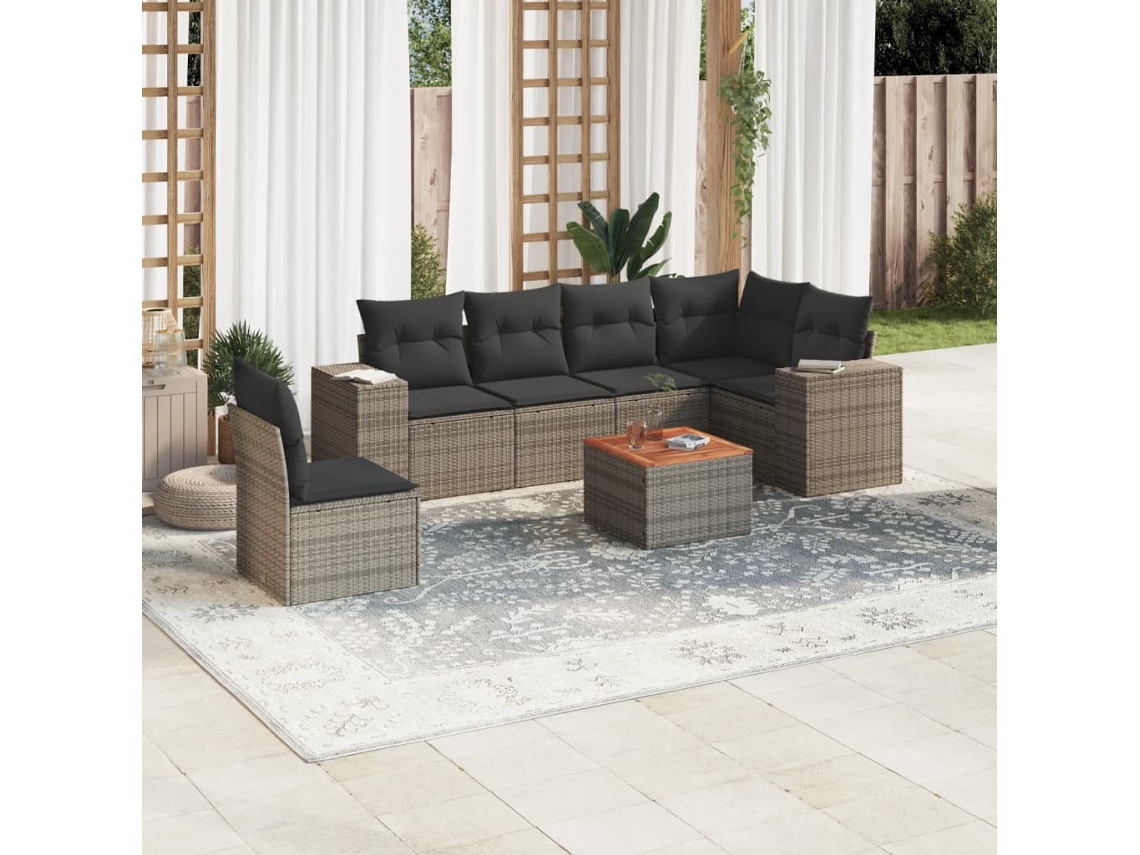 Vidaxl 7 Pcs Conjunto Sofás P/ Jardim C/ Almofadões Vime Pe Cinzento