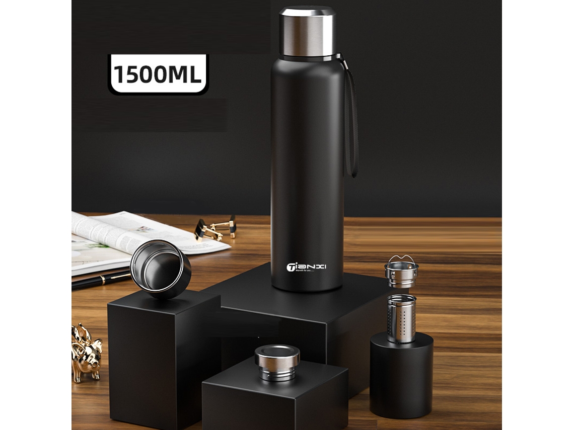 Garrafa Térmica De Aço Inoxidável De Grande Capacidade (1500 Ml, Preta), Design À Prova De Vazamentos