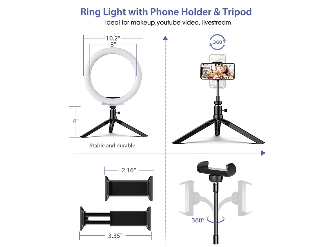 Rebe-lâmpada De Selfie Redonda Com 120 Leds 12w, Controle Remoto Bt, 3 Cores, 10 Níveis De Brilho, Pescoço Flexível, Suporte Para Telefone, Usb