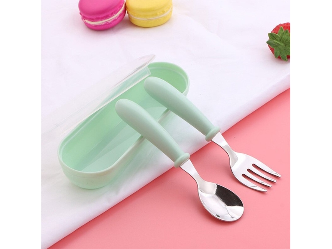 (verde) Conjunto Infantil De Três Peças Com Faca E Colher Em Aço Inoxidável, Portátil E Com Estampa De Desenho Animado.