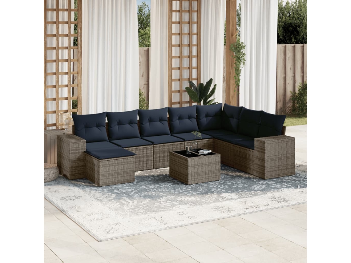 Conjunto de Sofá de Jardim com 9 Peças e Almofadas em Rattan Sintético Preto VIDAXL