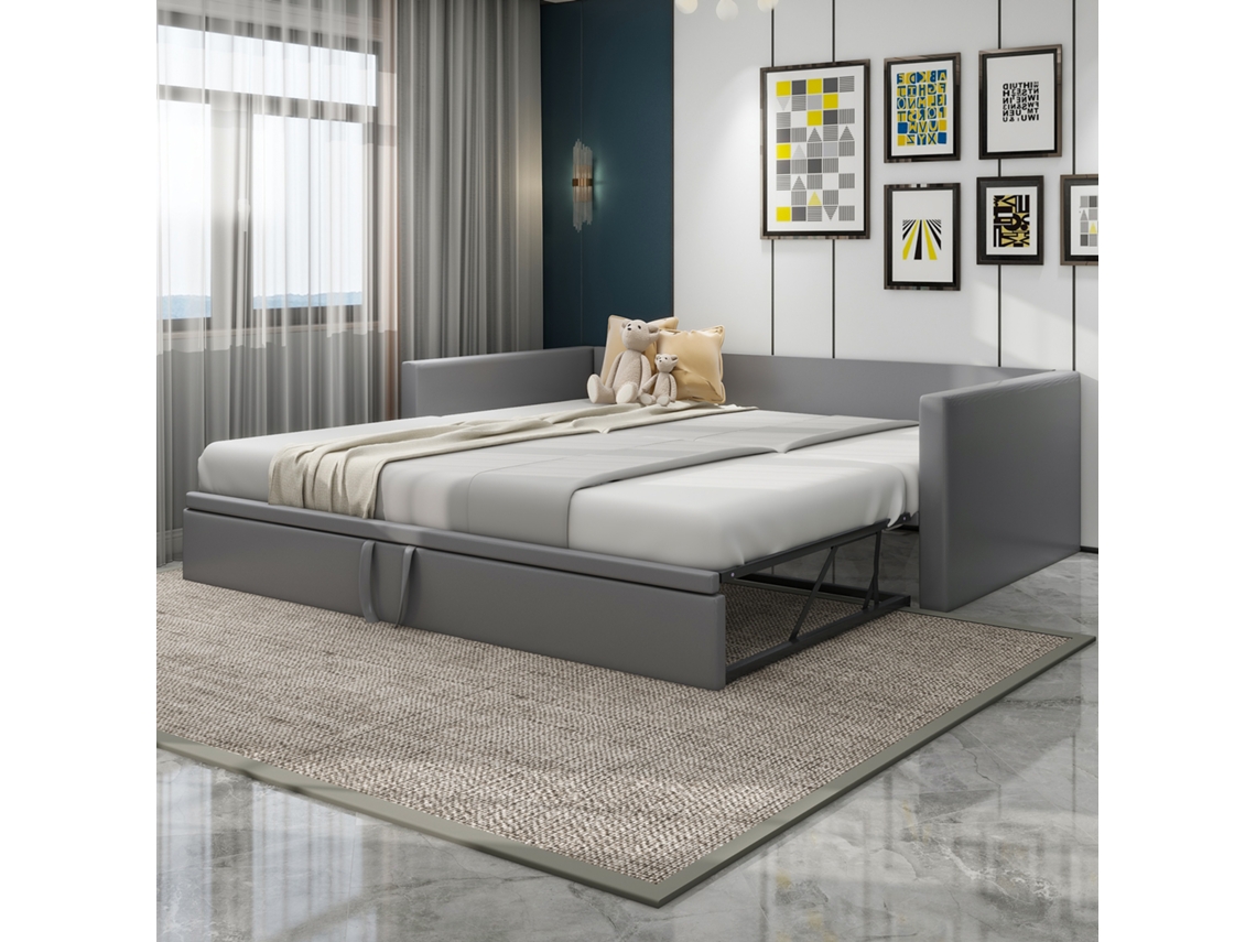 Sofá Cama Extensível 90/180x200 Cm Couro Suave Cinza Com Base Lamelas