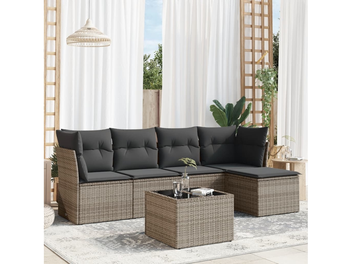 Vidaxl 6 Pcs Conjunto Sofás De Jardim Com Almofadões Vime Cinzento