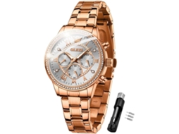 Lurelia Relógio Cronógrafo Feminino, Luminoso, Detalhes Com Strass, Aço Inoxidável, Resistente À Água, Rosa Ouro, Branco