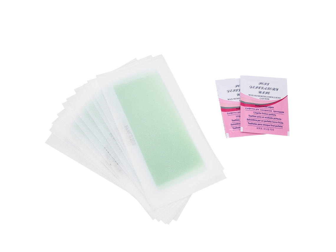 12 tiras de cera depilatória macias e flexíveis para pernas, mãos e axilas, com aroma de toranja verde.