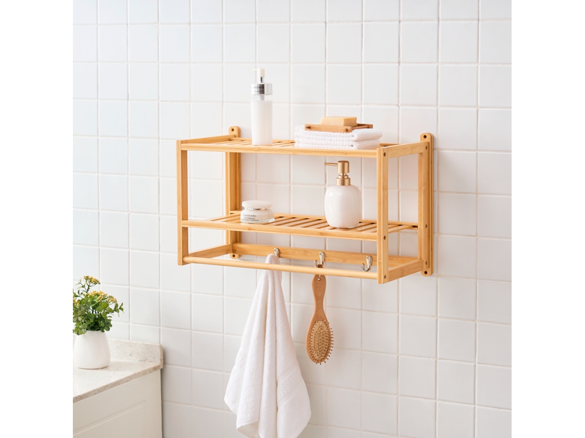 Prateleira de parede Thyborøn com toalheiro e ganchos de bambu 30 x 55 x 23 cm - Natural [EN.CASA]