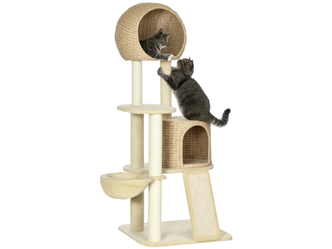 Árvore Para Gatos Com Poste Arranhador De Sisal Natural, 2 Nichos, Plataforma, Rede, Jacinto-d'água Macio - 60 X 60 X 150 Cm Bege