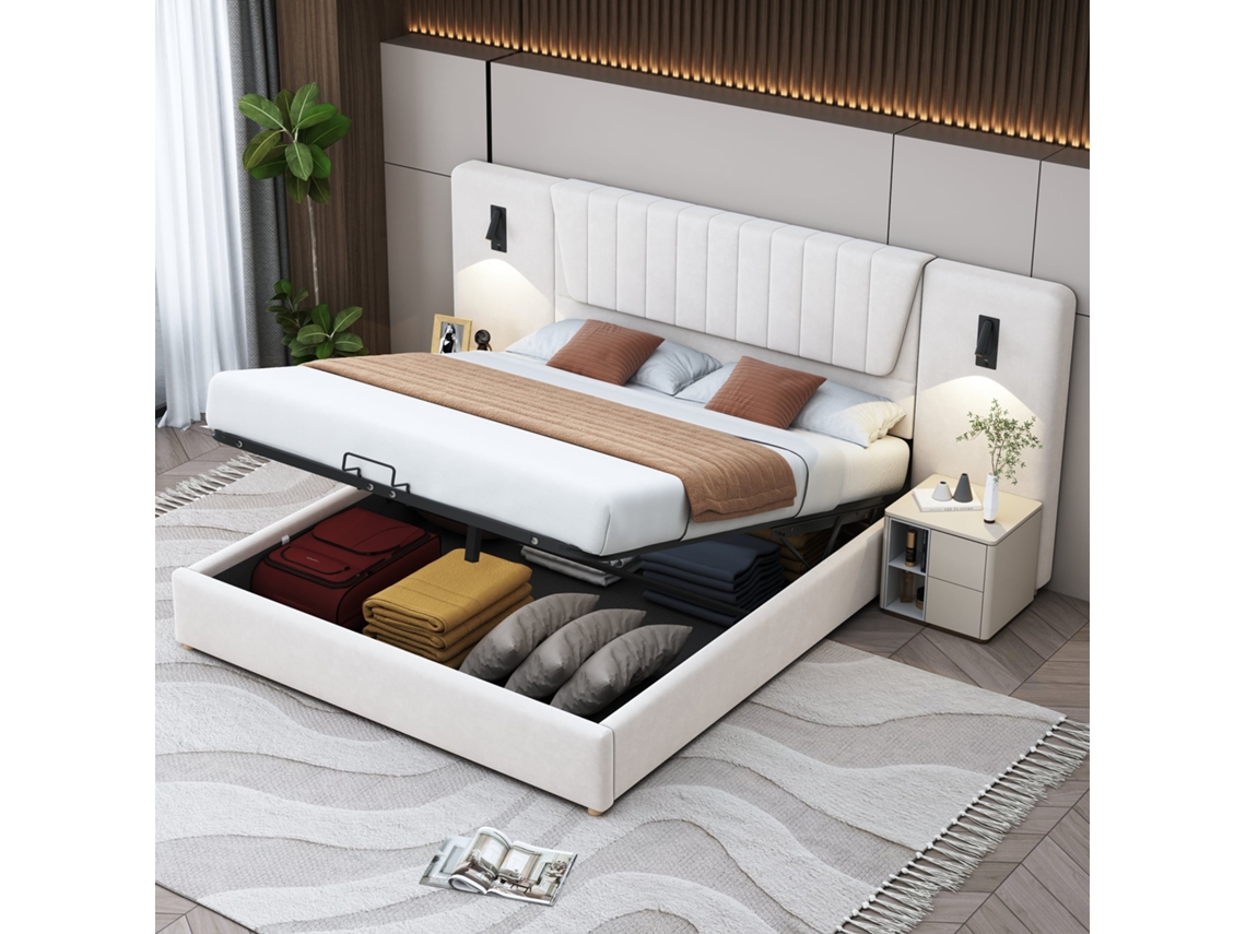 Cama Casal 180x200 com Baú Hidráulico Usb Leitura Veludo Bege