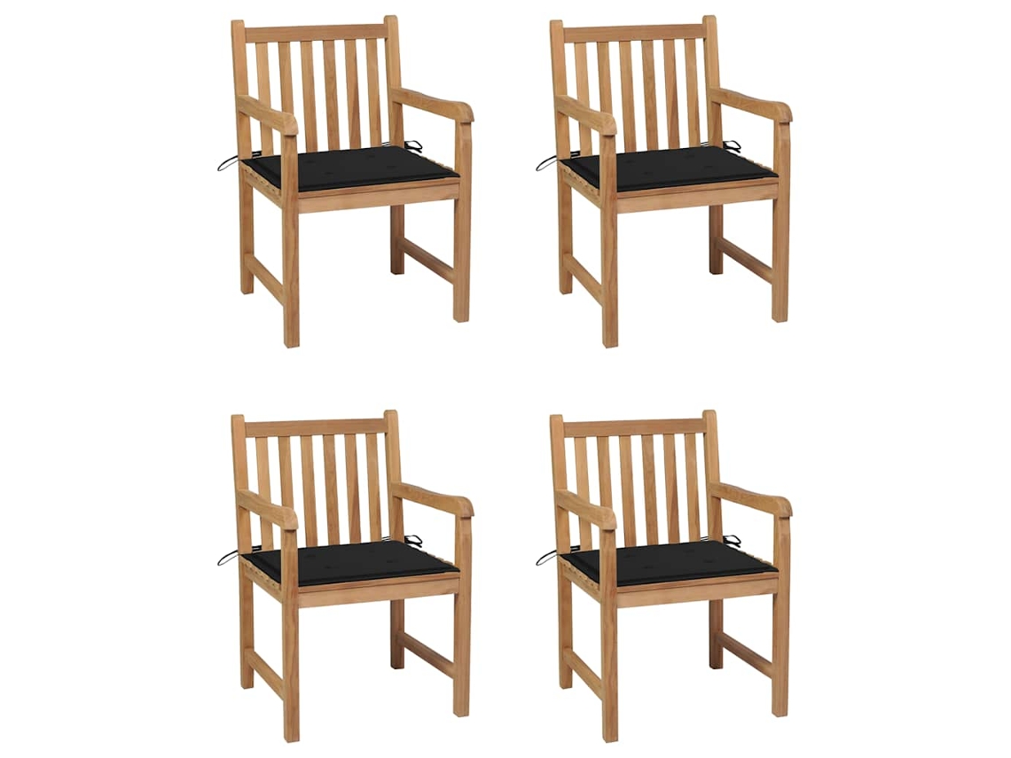 Vidaxl Cadeiras De Jardim C/ Almofadões Pretos 4 Pcs Teca Maciça