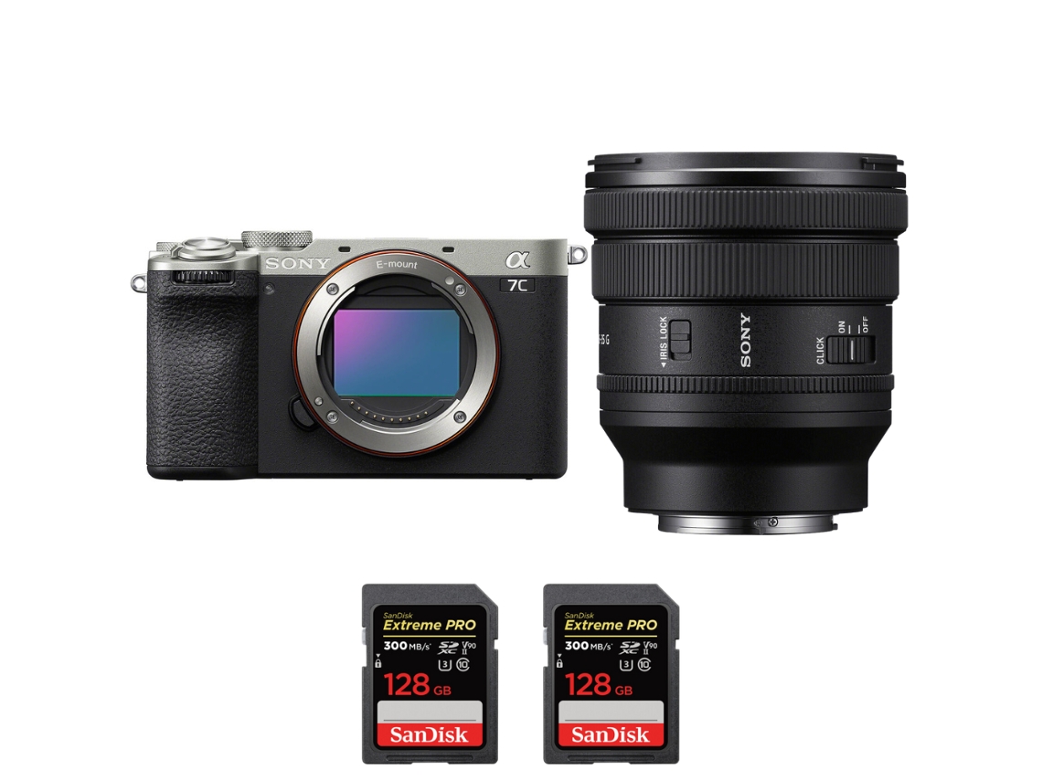 A7c Ii Prateado + Fe Pz 16 35mm F/4 G + 2 Sandisk 128gb Uhs ii 300mb/s Máquina Fotográfica Híbrida + Ebook Pricedirect SONY