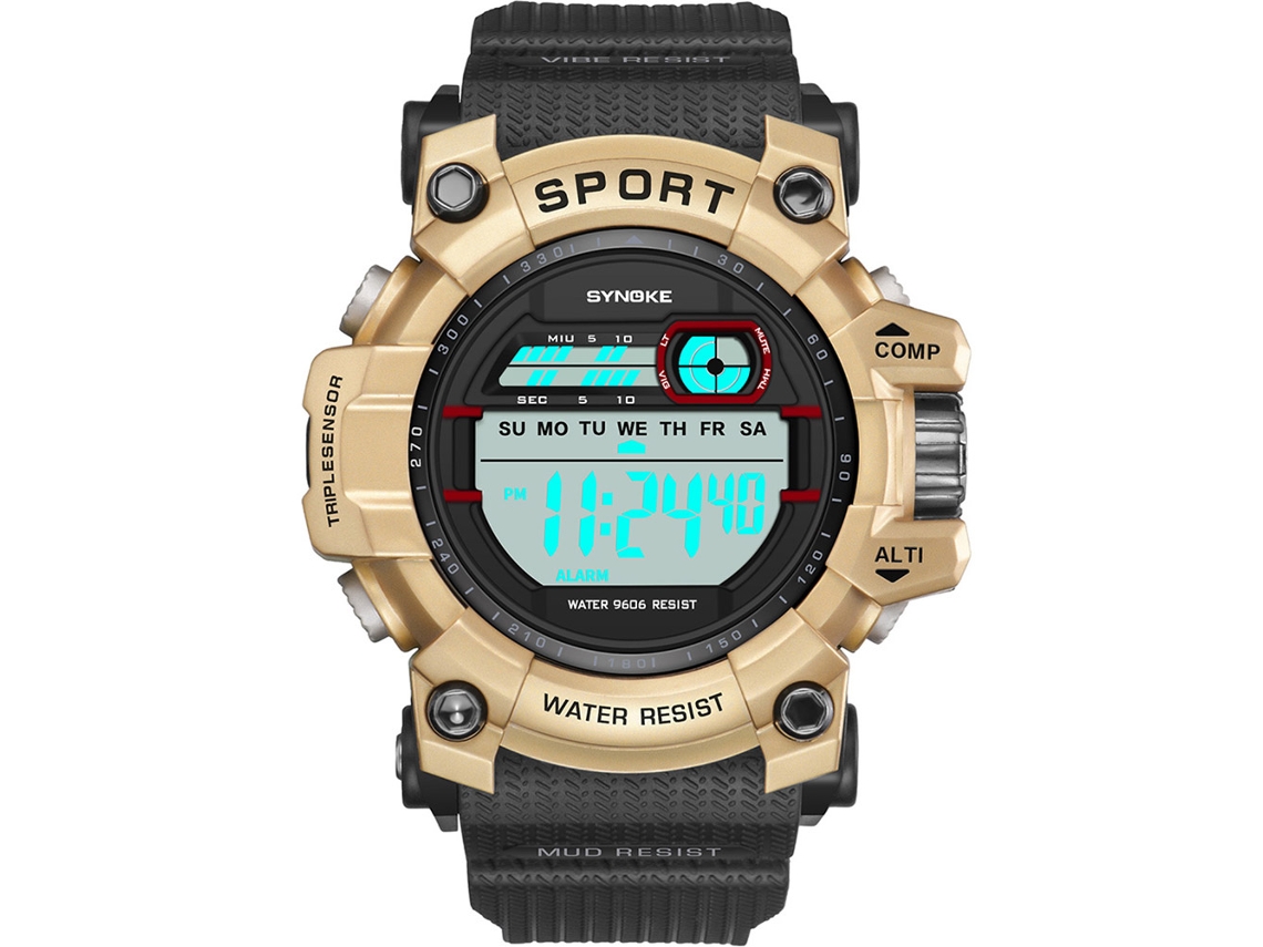 Relógio digital esportivo Synoke 9009 Gold à prova d'água para homens.
