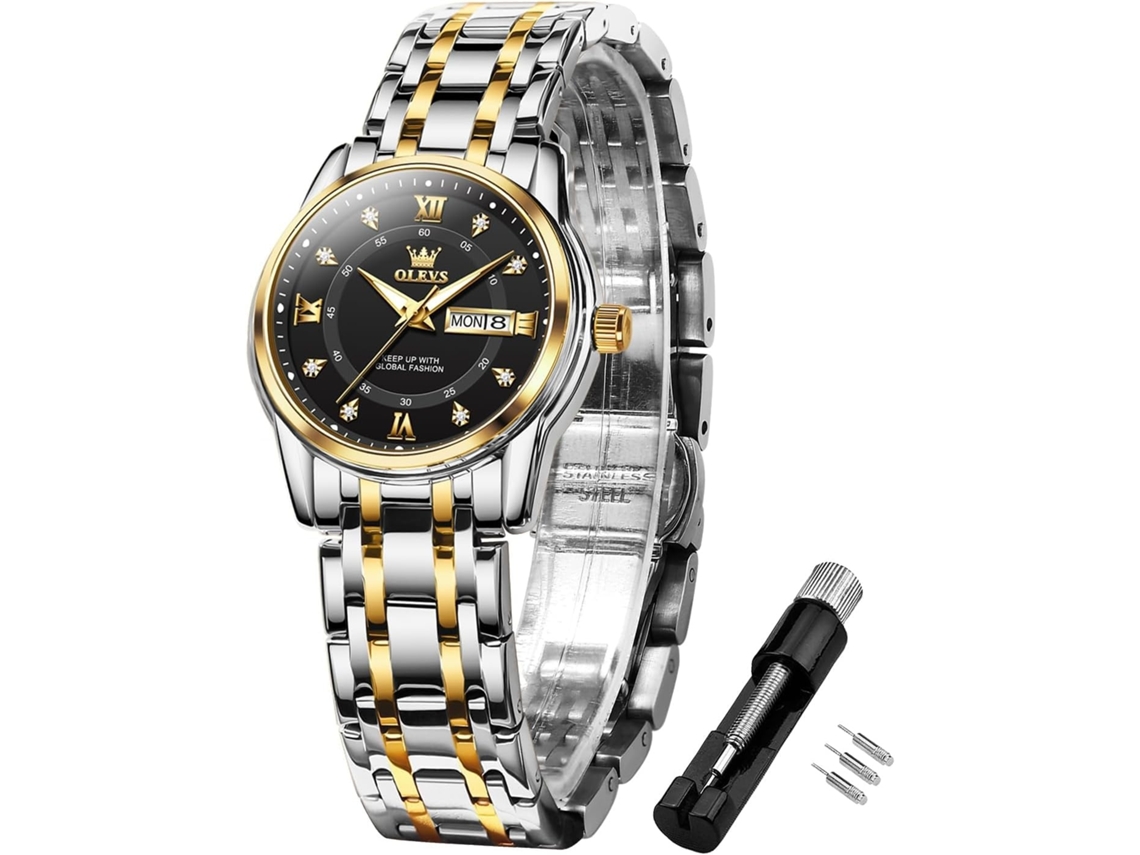 Lurelia Relógio Feminino, Movimento De Quartzo, Luminoso, Couro, Abs, Preto, Dourado