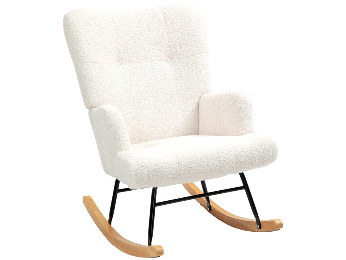 Poltrona Baloiço Em Borrego Poltrona Para Amamentação Com Encosto Capitonê E Base De Madeira 65x88x87 Cm Creme