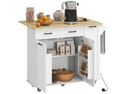 Ilha de Cozinha Móvel com Tomada Elétrica e Porta USB, Prateleira Dobrável, Ajustável, Branca VISTA