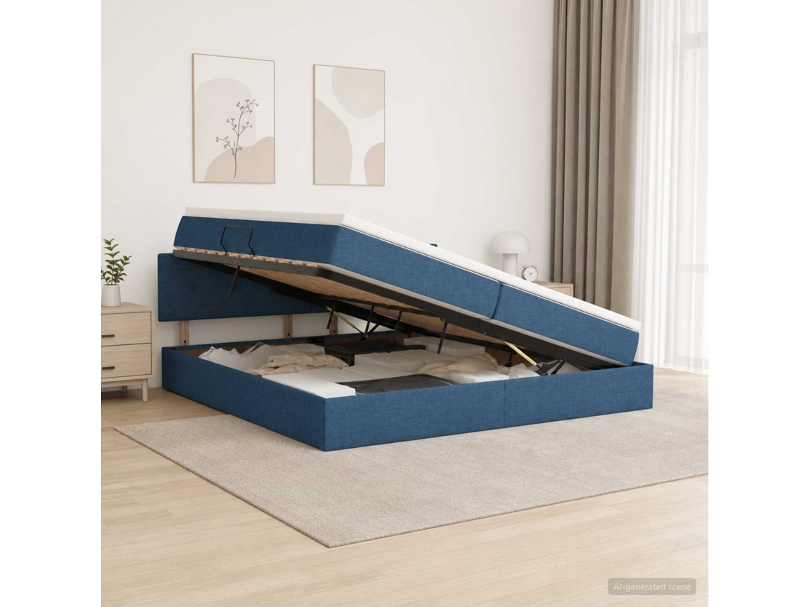 Vidaxl Cama Com Arrumação E Colchão Azul 200 X 200 Cm Veludo