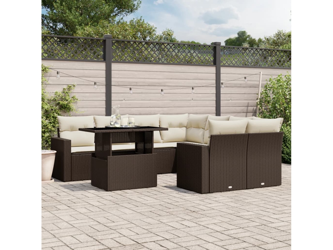 Jogo 9 Peças Sofás P/ Jardim C/ Almofadões Vime Pe Marrom Dkd Home Decor