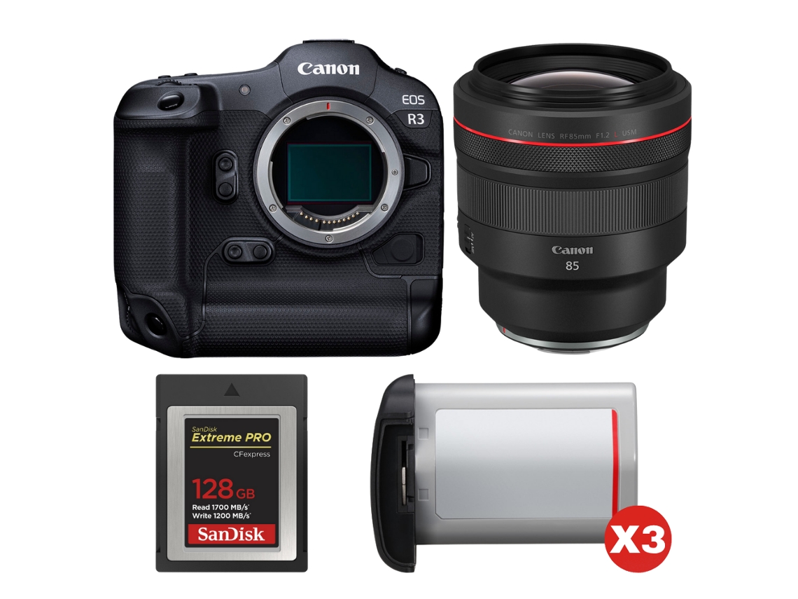 Eos R3 + Rf 85mm F/1.2 L Usm + 1 Sandisk 128gb Extreme Pro Cfexpress Type B + 3 Canon Lp e19 + Ebook “20 Dicas para Fotos Que Impressionam” CANON