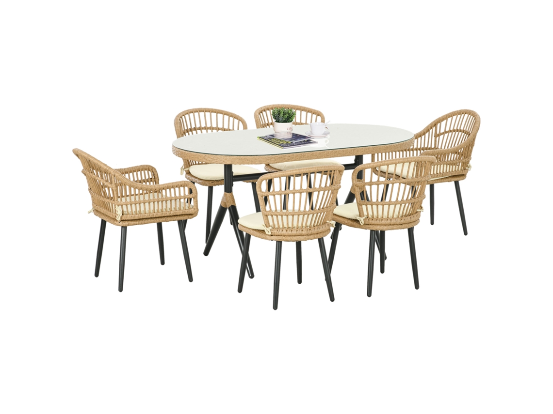 Conjunto Refeição Jardim 6 Pessoas Mesa Retangular Seis Cadeiras Almofadas Vime Pe