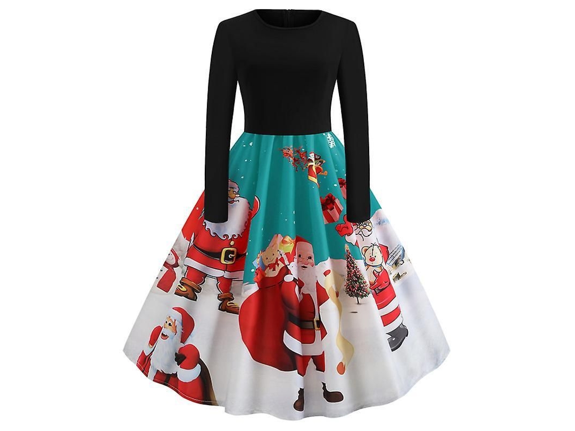 2026 vestido Midi Vintage de Natal para Mulher com Estampa de Papai Noel Manga Longa Rockabilly Elegante para Festas e Eventos