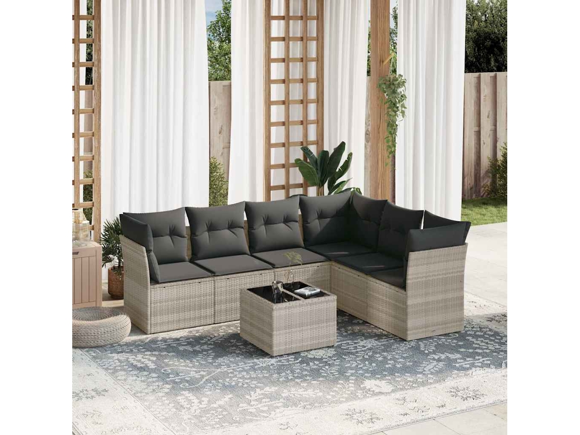 Vidaxl 7 Pcs Conj. Sofás Jardim Com Almofadões Vime Pe Cinzento-claro