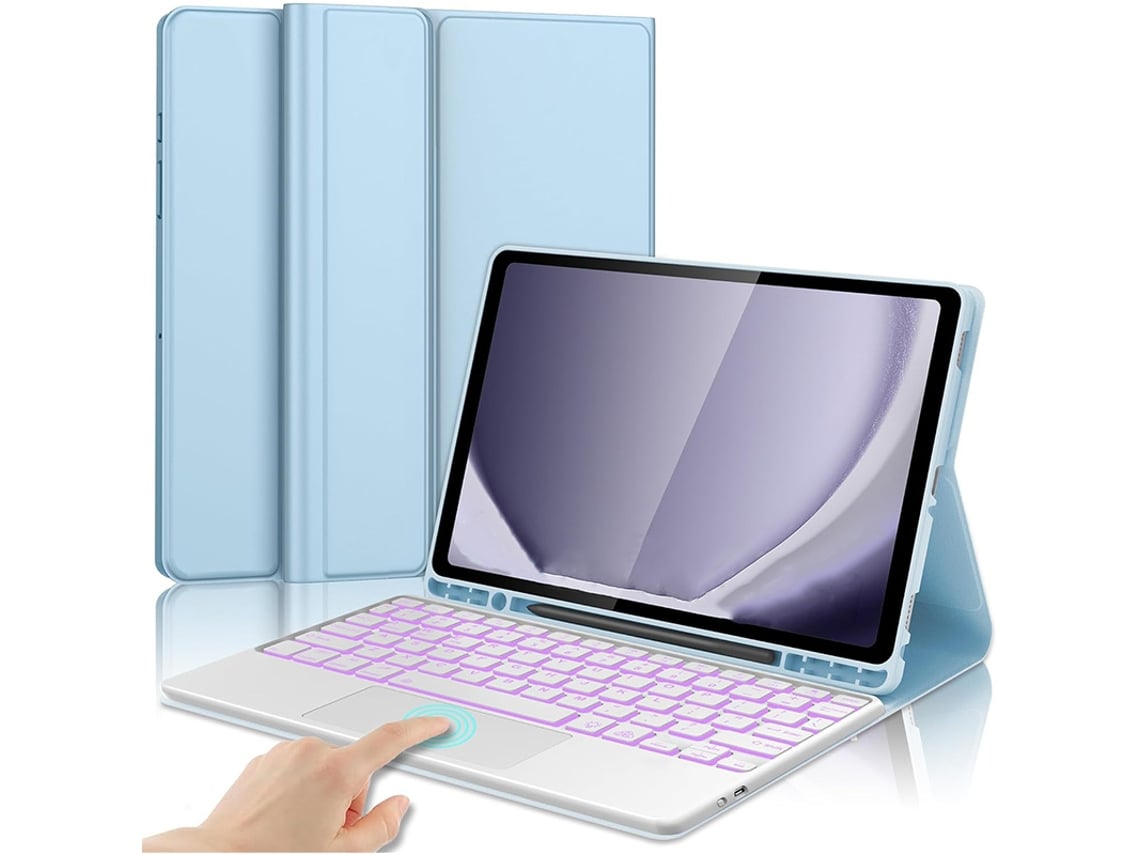 Samsung Tab S7fe De 12,4 Polegadas Capa De Couro Azul Celeste Teclado Retroiluminado Sensível Ao Toque Com Teclas Quadradas Brancas Yunzii