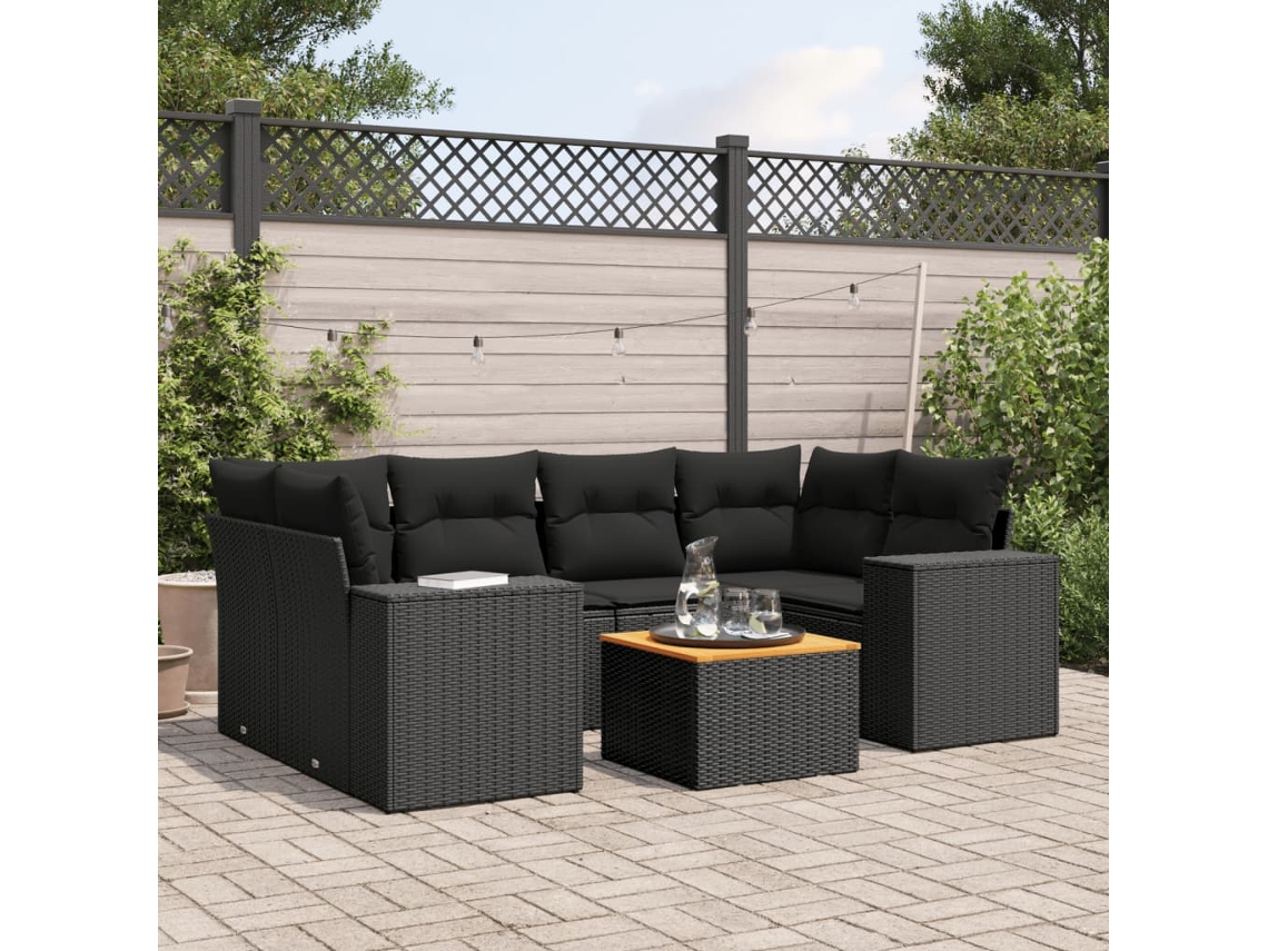 Vidaxl 7 Pcs Conjunto De Sofás P/ Jardim C/ Almofadões Vime Pe Preto