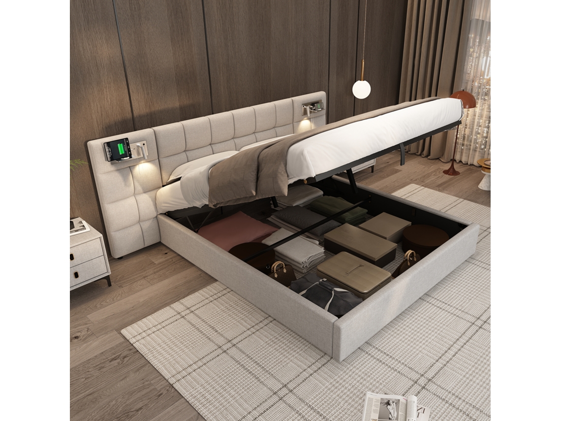 Cama 180x200 Cinza Usb Wireless Led Baú VOLTEDGE
