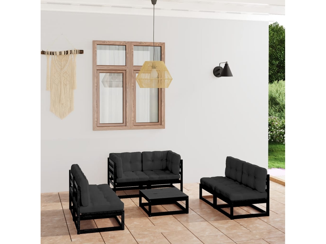 7 Pcs Conjunto Lounge De Jardim C/ Almofadões Pinho Maciço Dkd Home Decor