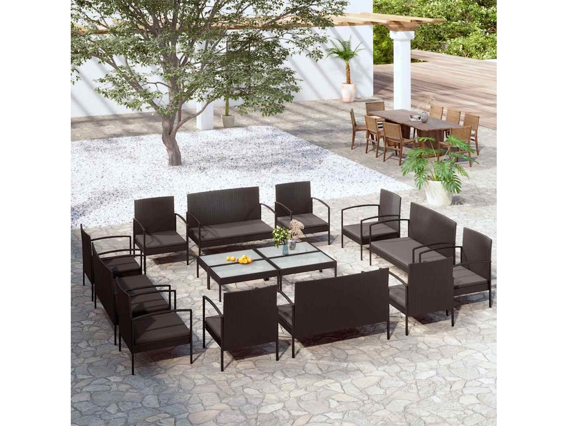 Vidaxl 16 Pcs Conjunto Lounge De Jardim C/ Almofadões Vime Pe Preto