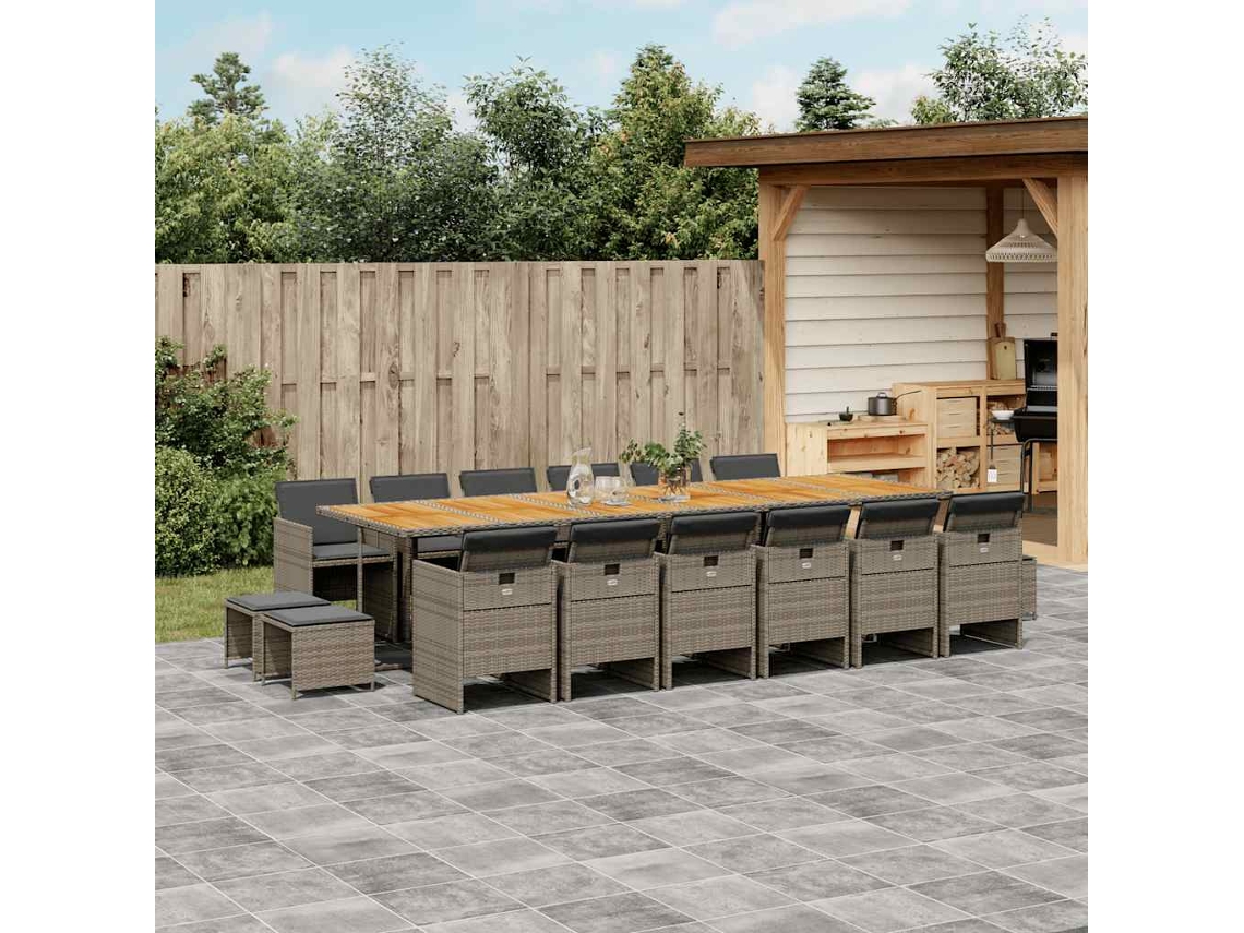 Vidaxl 17 Pcs Conj. De Jantar P/ Jardim C/ Almofadões Vime Pe Cinzento