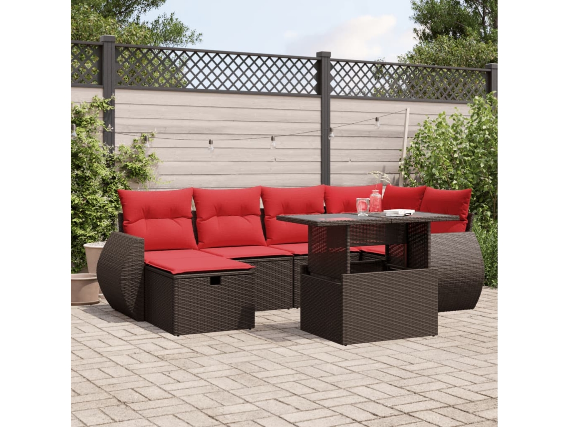 Vidaxl Conjunto De Sofá De Jardim Com 7 Peças E Almofadas Em Rattan Sintético Marrom