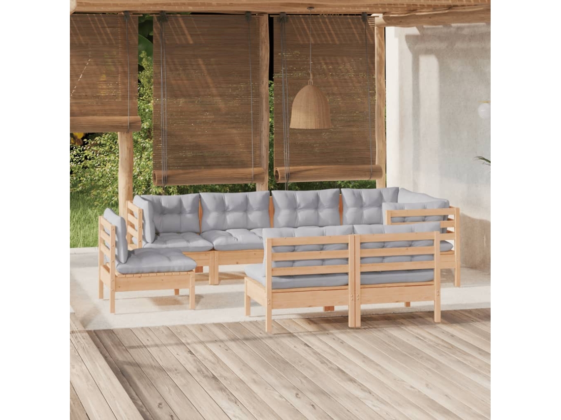 8 Pcs Conjunto Lounge De Jardim Almofadões Cinza Pinho Maciço Dkd Home Decor