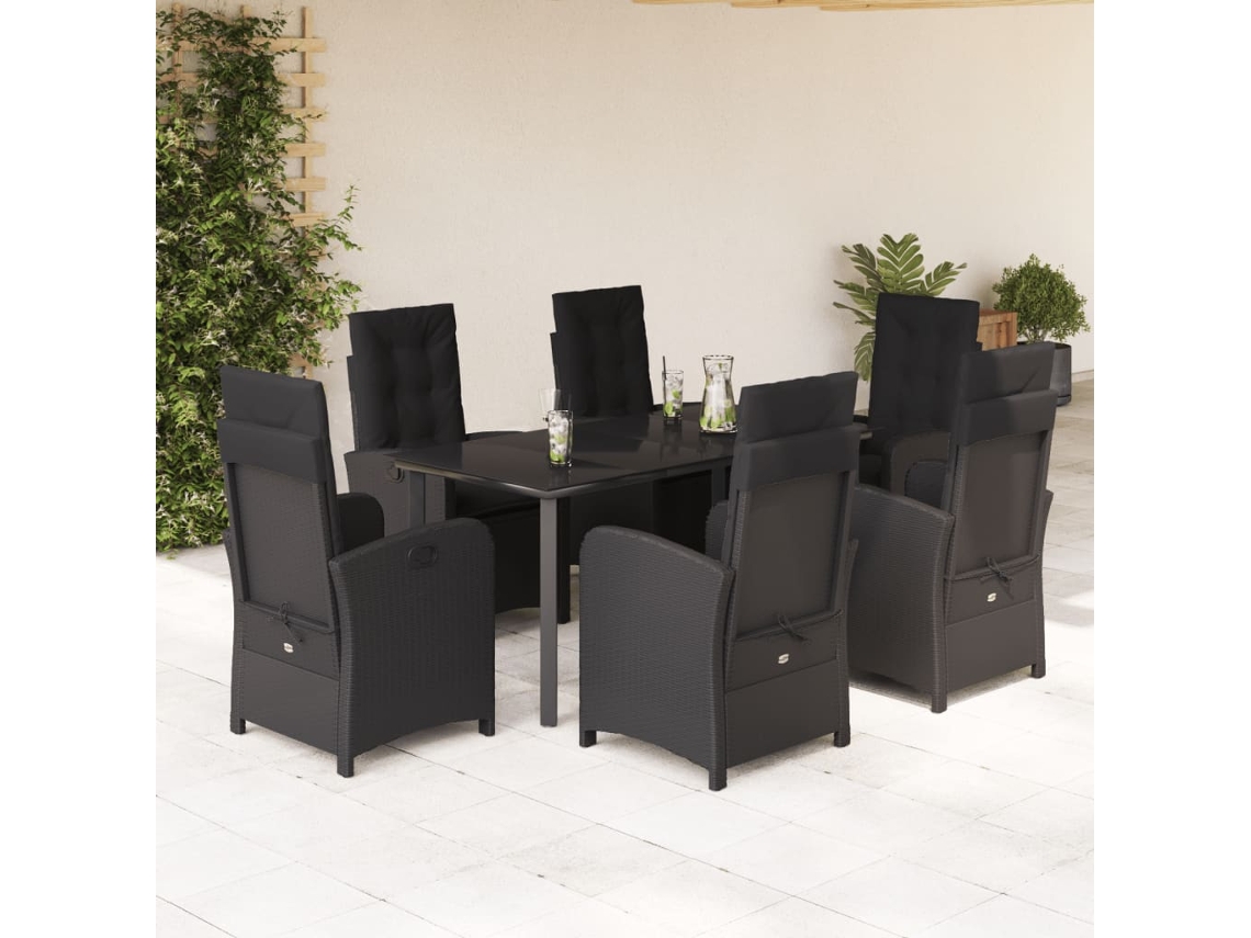 Vidaxl 7 Pcs Conjunto De Jantar P/ Jardim C/ Almofadões Vime Pe Preto