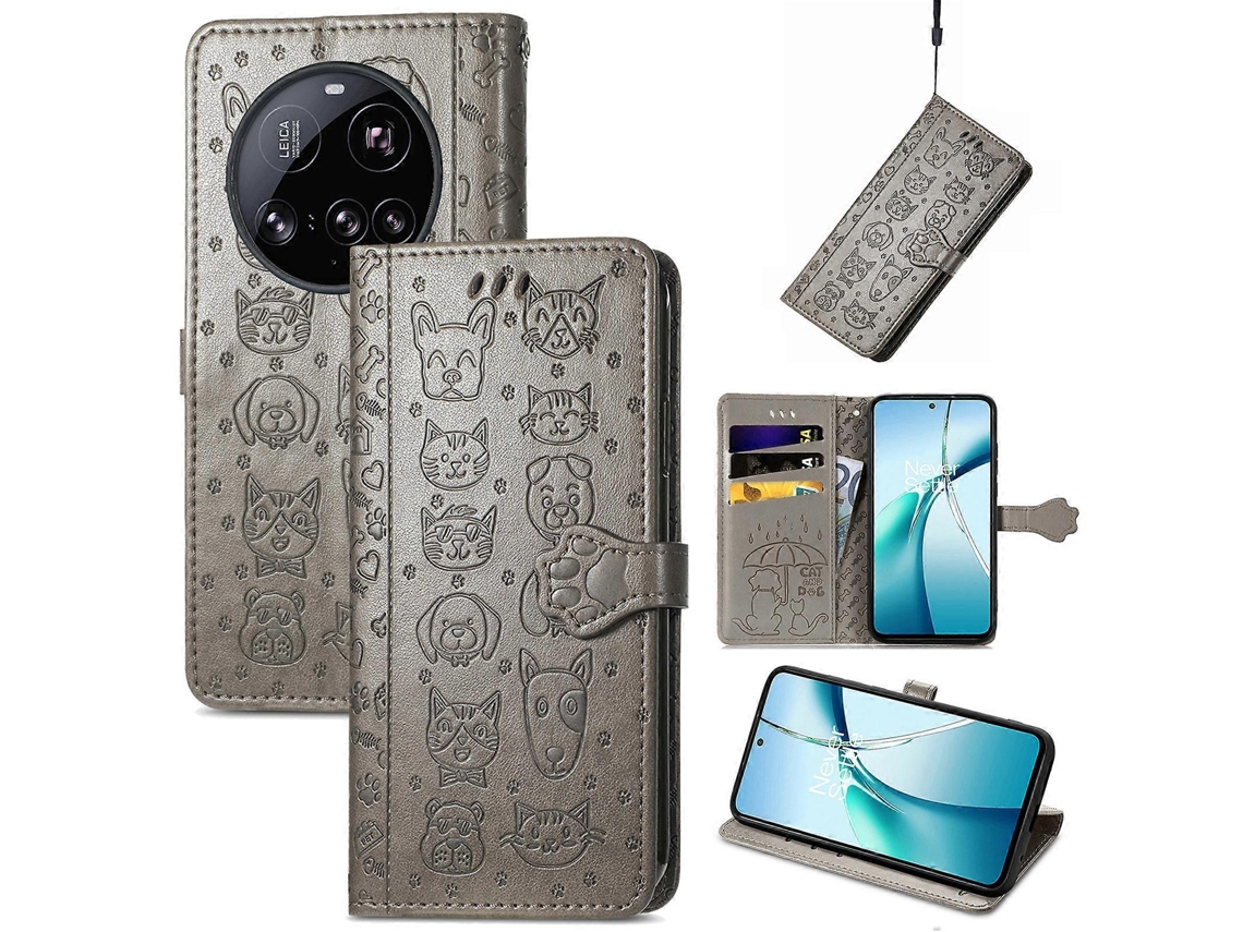 Capa Tipo Carteira De Couro Para Xiaomi 15 Ultra Com Estampa Fofa De Gato E Cachorro Cinza