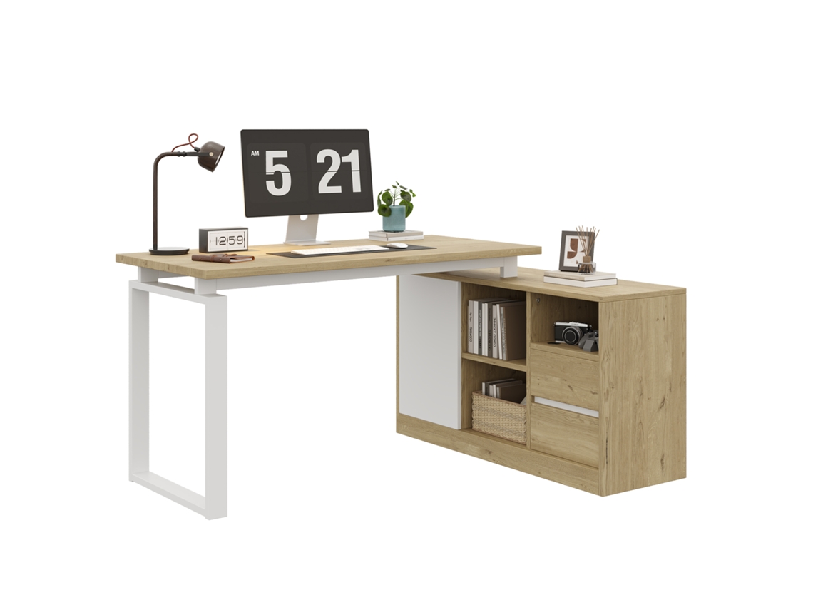 Mesa em L para escritório, 152x113,5x76 Cm, com 2 gavetas, 3 prateleiras abertas, armário fechado, madeira natural e branco PAPRIKA