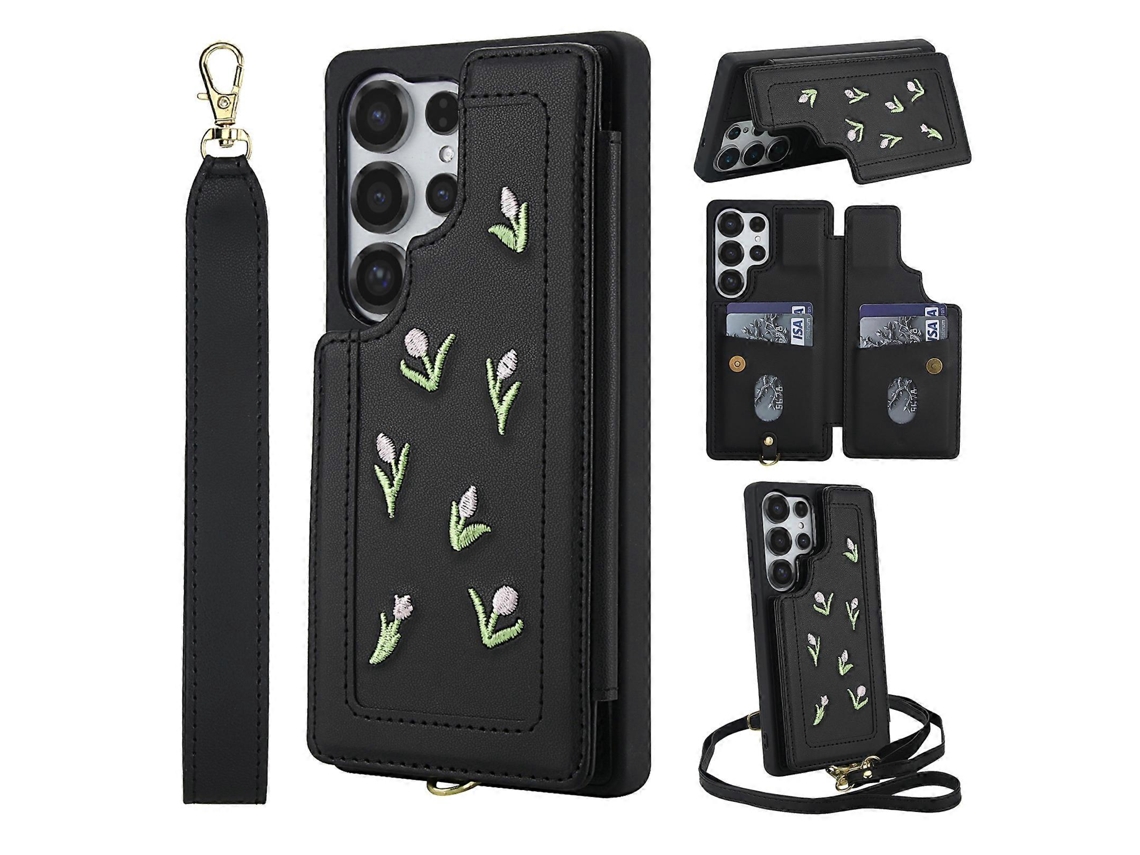 Capa Para Samsung Galaxy S25 Ultra Com Estampa De Tulipas Bordadas, Couro Sintético, Porta-cartões, Capa Traseira Com Alça De Ombro E Pulseira Preta