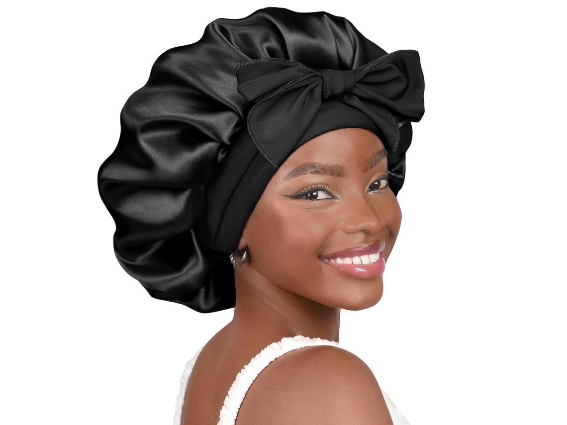Touca de cetim Aquaforge com forro de seda para dormir, touca com faixa dupla para mulheres, cabelo cacheado natural