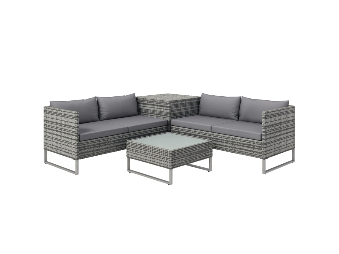 Conjunto de jardim 4 peças com 2 sofás de 2 lugares, mesa alta e centro em aço e rattan | S/MARCA