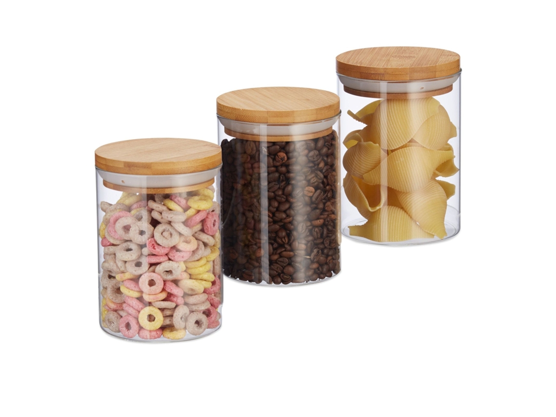 Conjunto Com 3 Potes De Vidro Com Tampas Herméticas De Bambu