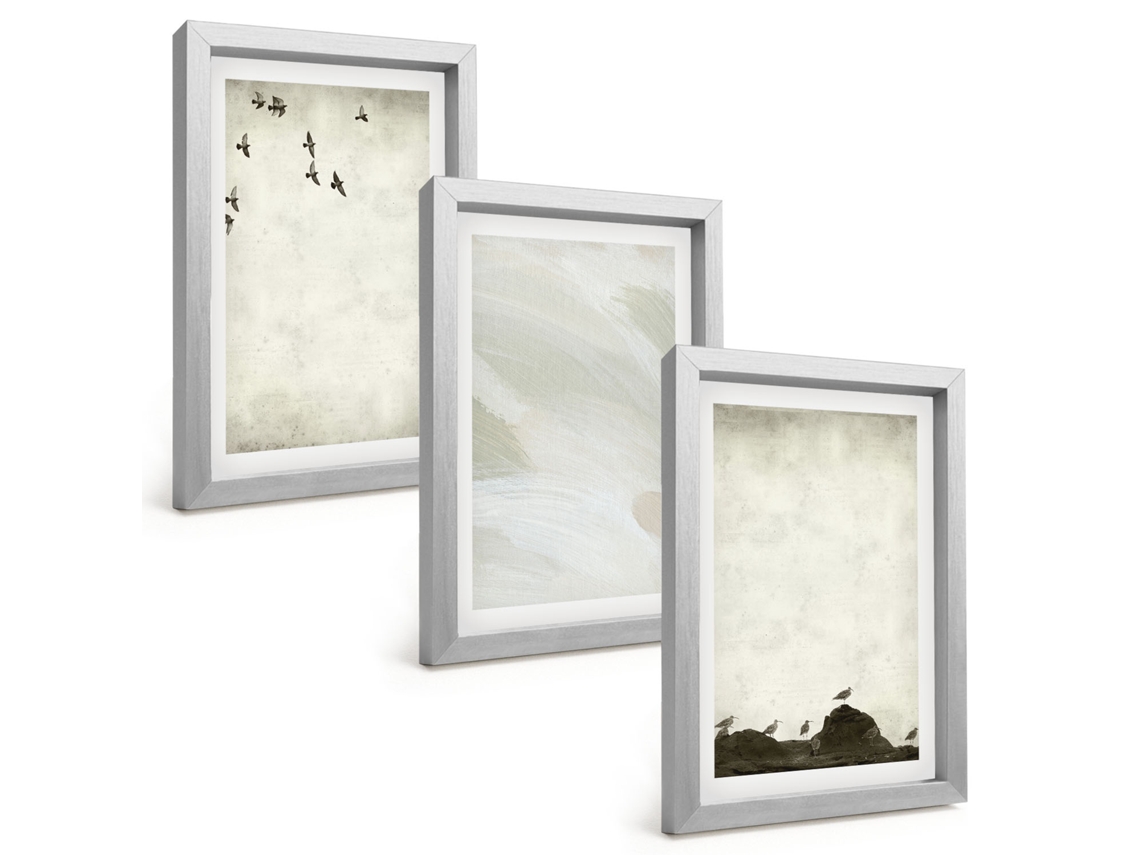 Composição De Quadrospássaros, Rochas, Pinceladas, Decorações Moldura Prateada Imagens Para Um Quarto Infantil Espelharte (3 Peças 20x30 Cm)