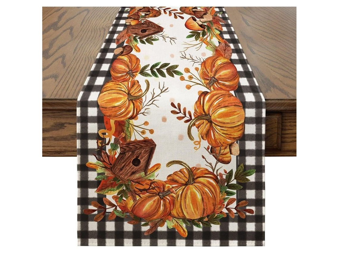 Mantel De Mesa De Calabazas Plaid Buffalo Con Hongos, Pajarera Y Hojas 13x70 Pulgadas